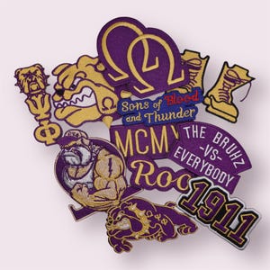 May include: A collection of embroidered patches in purple, gold, and white. The patches feature bulldog mascots, Greek letters, and text including "Sons of Blood and Thunder", "MCM", "The Bruhz -vs- Everybody", and "1911".