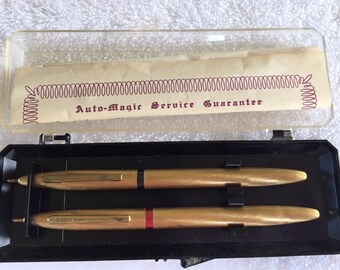 1950s AutoMagic Early Ballpoint Pen Set, Two Auto Magic Pens in Like-New Condition in Original Plastic Case, Gravity Tip Ballpoint Pens