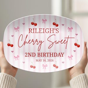 Cherry Sweet Birthday Platter Girls 1st Birthday Party Cherry Theme Custom Pink Bday Smash Cake Plate Personalized Bows and Cherries Gifts