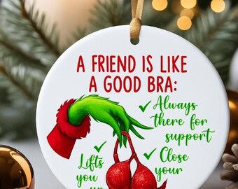 Divertente ornamento natalizio del Grinch – "Un amico è come un buon reggiseno" – Ornamento reggiseno con glitter rossi – Regalo per la migliore amica – Decorazione per l'albero di Natale