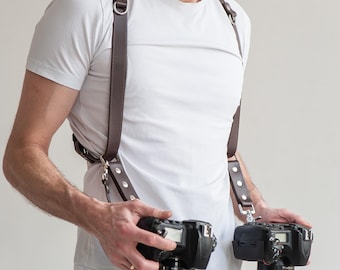 Arnés doble de cuero para cámara, correa doble para el hombro para 2 cámaras, equipo multicámara para fotógrafos, arnés profesional de cuero para fotografía