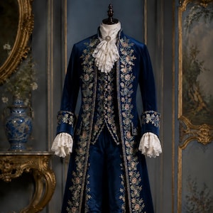 May include: A navy blue velvet three-piece suit with floral embroidery. The outfit comprises a long coat, vest, and knee-length breeches. The coat and vest feature intricate floral patterns. The ensemble is completed with a ruffled shirt, lace cuffs, and matching shoes.