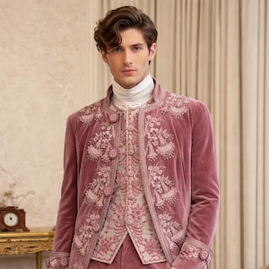 Dusty Rose Velvet Regency Tailcoat and Breeches Set, Embroidered Rococo Wedding Outfit