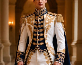 May include: A white and gold embroidered formal suit with a navy blue cape. The suit features gold accents, epaulettes, and a high collar. The ensemble includes white pants and black boots, creating a regal appearance.