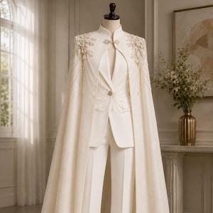 May include: Ivory-colored formal suit with a cape. The suit features a tailored jacket and wide-leg pants. The cape is embellished with floral appliqués and delicate beaded strands. A sophisticated ensemble for special occasions.