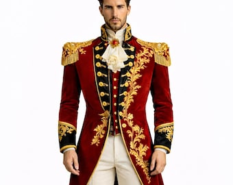 Embroidered Velvet Military Coat | Red Gold Prince Frock Coat