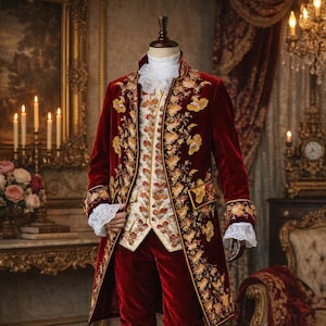 May include: A red velvet historical costume, comprising an embroidered coat, vest, and breeches. The coat and vest feature floral embroidery. The outfit includes white lace cuffs and a ruffled collar, with white stockings and black shoes.