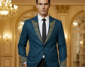 Blue Embroidered Blazer for Men – Wedding Blazer, Royal Groom Suit, Custom Designer Evening Jacket