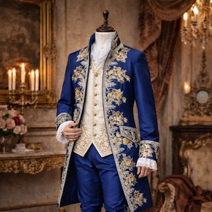 May include: A royal blue suit with gold floral embroidery, comprising a long coat, waistcoat, and breeches. The outfit features white ruffled cuffs and stockings, complemented by blue shoes. The ensemble is displayed on a mannequin.