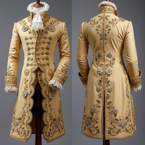 May include: A long, pale yellow coat with detailed gold embroidery and floral patterns. The coat has a high collar with a white lace ruffle, decorative buttons, and lace cuffs. The back of the coat also features floral embroidery.
