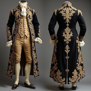 May include: A historical costume comprising a black coat with gold embroidery, a tan waistcoat, and matching breeches. The coat has long sleeves with white ruffled cuffs. The outfit is displayed on a mannequin, showing front and back views.