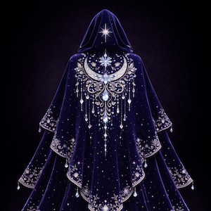 Op de afbeelding: Een donkerblauwe fluwelen cape met een capuchon, versierd met zilveren borduursels en sprankelende versieringen. De cape heeft een maan- en sterontwerp op de rug, met watervalachtige kristalachtige druppels. De gelaagde randen zijn ook versierd met zilveren bloempatronen.