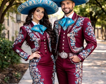 Burgundy Mariachi Couple Suit Set – Hand Embroidered Charro Wedding Outfit