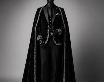 Black Velvet Tuxedo Suit with Embroidered Cape, Gothic Groom Formal Wear