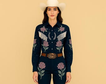 Completo western blu navy ricamato, abito da cowgirl con frange floreali