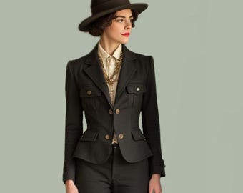 Vintage Women Black Wool Suit Set, Tailored Blazer Pants, Old Money Style