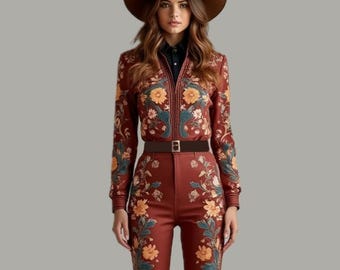 Completo da cowgirl con ricami floreali color ruggine: camicia e pantaloni in stile rodeo vintage