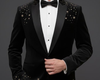 Black Velvet Star Embroidered Tuxedo Jacket – Custom Prom Blazer