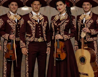 Handmade Maroon Mariachi Suit | Gold Embroidered Charro Outfit