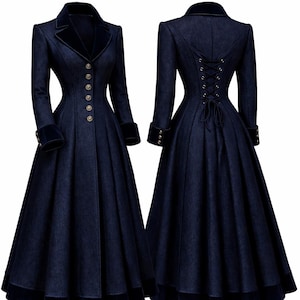 May include: A long, dark blue coat with a velvet collar, cuffs, and trim. The coat features a button-down front with gold-colored buttons and a flared skirt. The back of the coat has a corset-style lace-up detail. The coat is a vintage style.