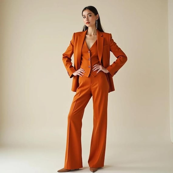 orange dress suit women Custom 3 Piece Burnt Orange Women's Suit Custom Made Cotton Tailored Blazer & Pants Set Elegant Business Formal Wear Prom Cocktail Attire