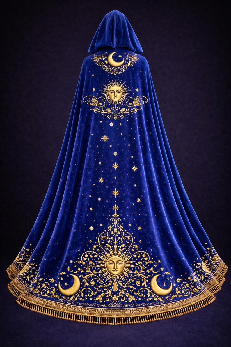 Celestial Velvet Cloak – Royal Blue Hooded Cape With Gold Embroidery - Etsy
