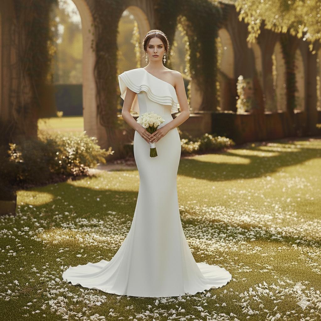 one shoulder wedding dress with ruffles Luxury Sheath Wedding Dresses with Detachable Train One Shoulder Crystal Ruffles