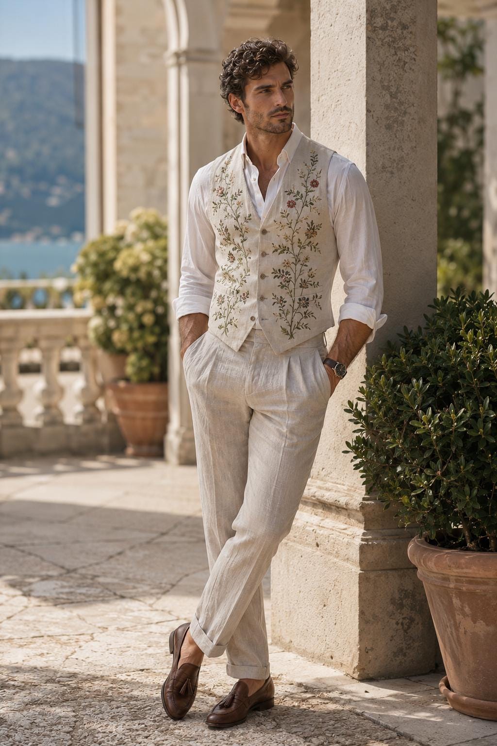 Floral Embroidered Linen Vest