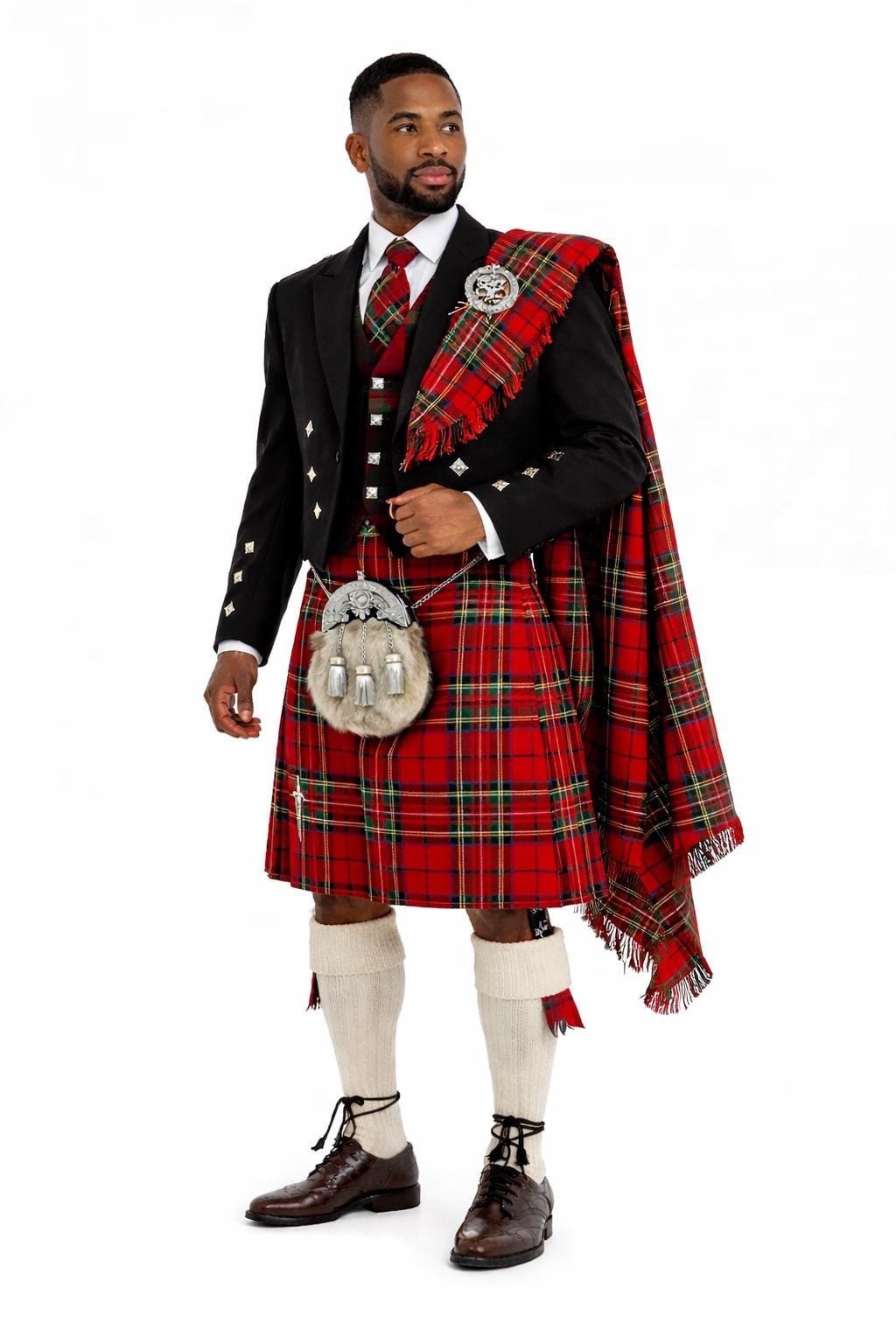 Men's Scottish Kilt Outfit | Black Jacket & Red Tartan - Etsy UK