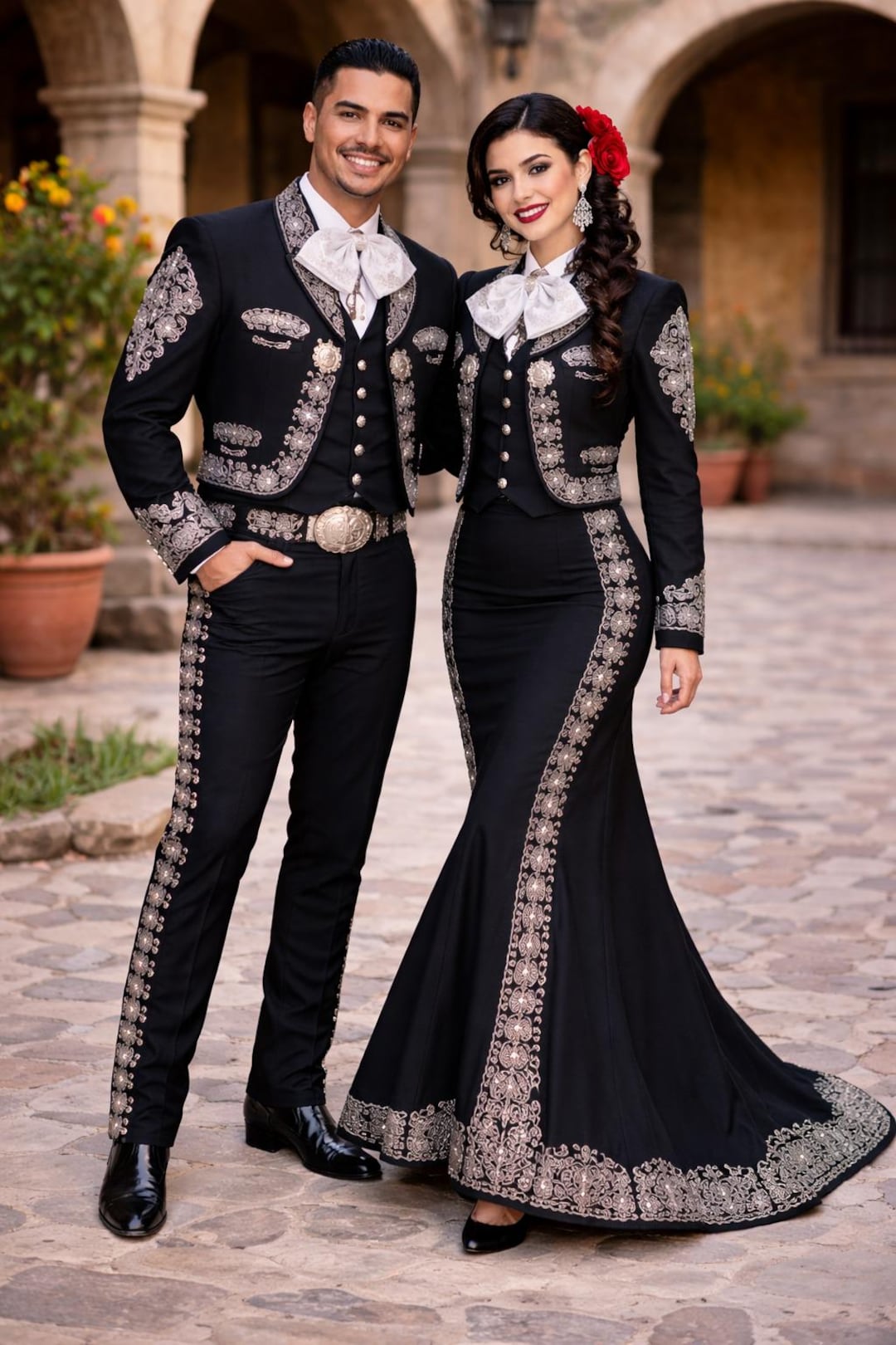 Black Mariachi Couple Suit – Silver Embroidered Charro Wedding Outfit