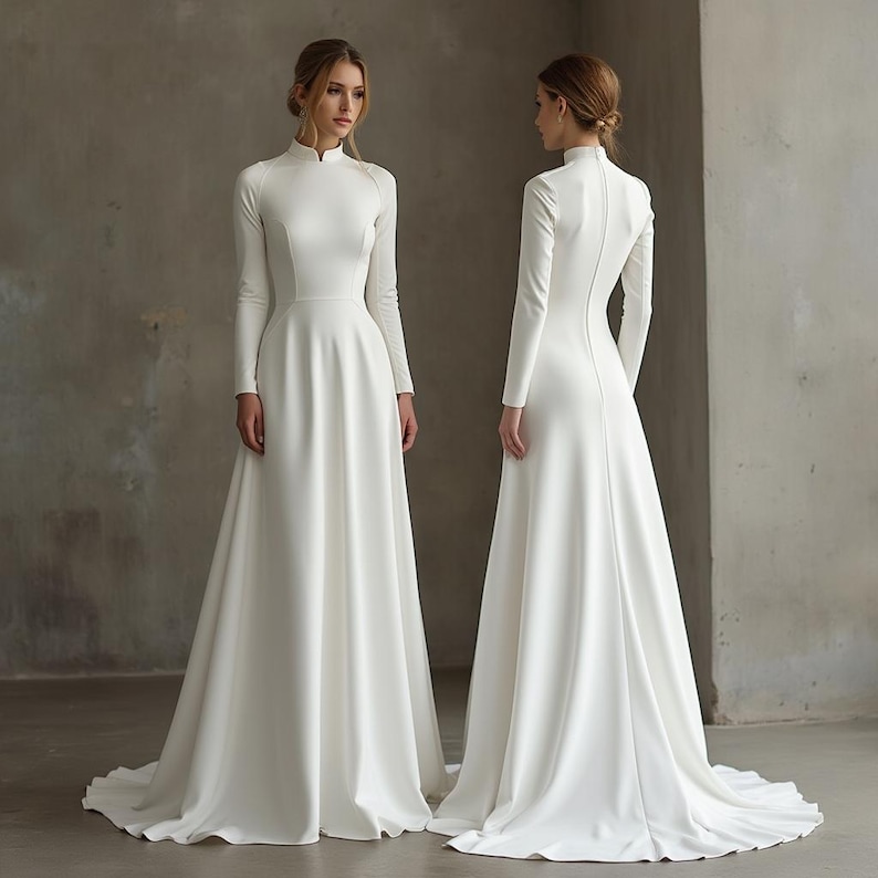 May include: A white, long-sleeved wedding dress with a high neckline and a flowing skirt. The dress is shown from the front and back, highlighting its elegant design. The fabric appears smooth and has a subtle sheen.