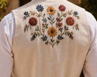 アイボリーリネンのメンズベスト、カラフルな野花刺繍入りウェディング