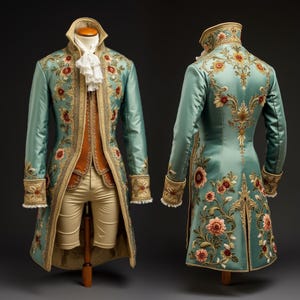 May include: A teal long coat with detailed floral embroidery in red, gold, and cream. The coat has a high collar and ornate cuffs. A brown vest and cream shorts are visible underneath, creating a historical costume aesthetic. The coat's length is approximately 120 cm.