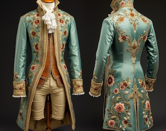 Rokoko Aristokratische Herren Anzug: 18th Century Türkis Floral Besticktes Kostüm