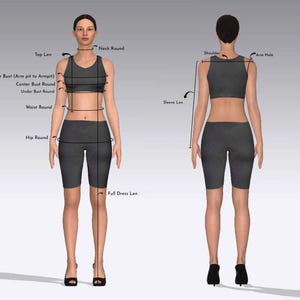 May include: A digital illustration of a person in athletic wear, front and back views, with measurement labels. Labels include "Top Len", "Neck Round", "Upper Bust", "Waist Round", "Hip Round", and "Full Dress Len". The person is wearing a dark gray sports bra and shorts.