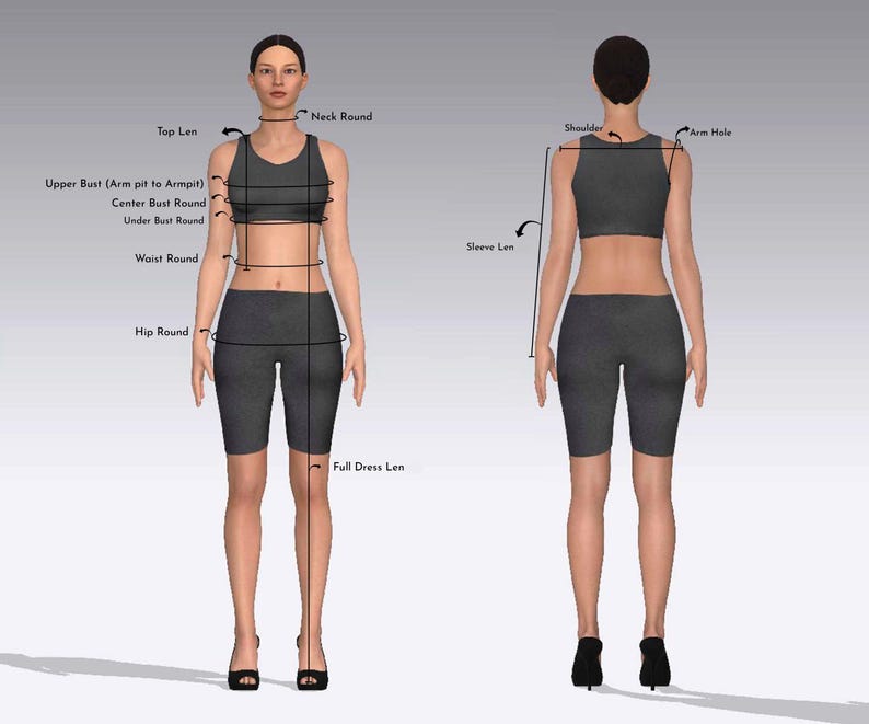May include: A digital illustration of a person in athletic wear, front and back views, with measurement labels. Labels include "Top Len", "Neck Round", "Upper Bust", "Waist Round", "Hip Round", and "Full Dress Len". The person is wearing a dark gray sports bra and shorts.