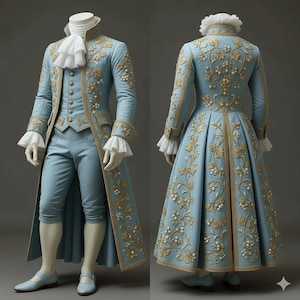 Powder Blue Baroque Embroidered Royal Suit, 18th Century Prince Costume, Historical Menswear