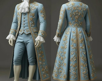 Taubenblauer Barocker Königlicher Anzug, 18th Century Prinzenkostüm, Historische Herrenbekleidung