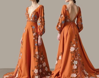 Embroidered Linen Wedding Dress, Rust Orange Floral Gown, Backless Knot