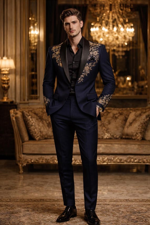blue gold dress husband Navy Embroidered Tuxedo Suit, Royal Wedding, Prom Blazer tween