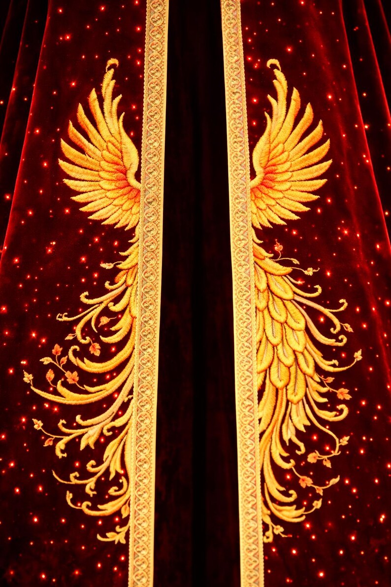 Red Velvet Hooded Cape – Gold Embroidered Phoenix, Fantasy Costume - Etsy