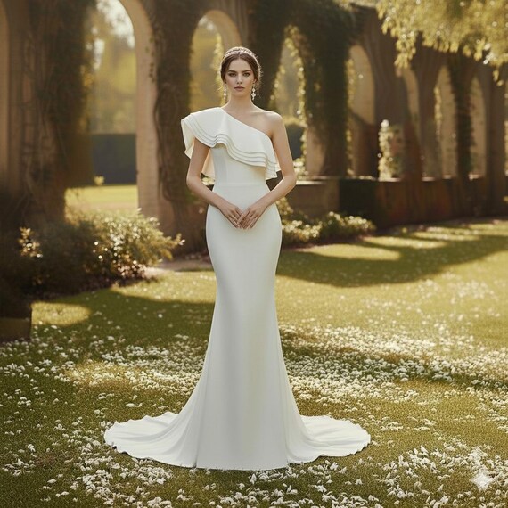 One Shoulder Wedding Dress with Ruffle Detail, Minimalist Bridal Gown, Elegant Modern Bride