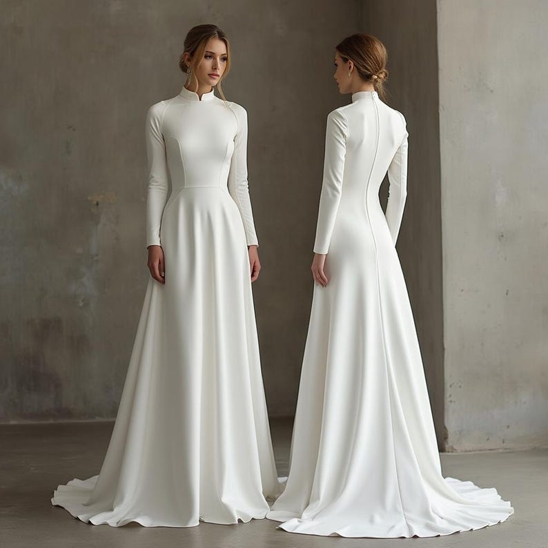 May include: A white, long-sleeved wedding dress with a high neckline and a flowing skirt. The dress is shown from the front and back, highlighting its elegant design. The fabric appears smooth and has a subtle sheen.
