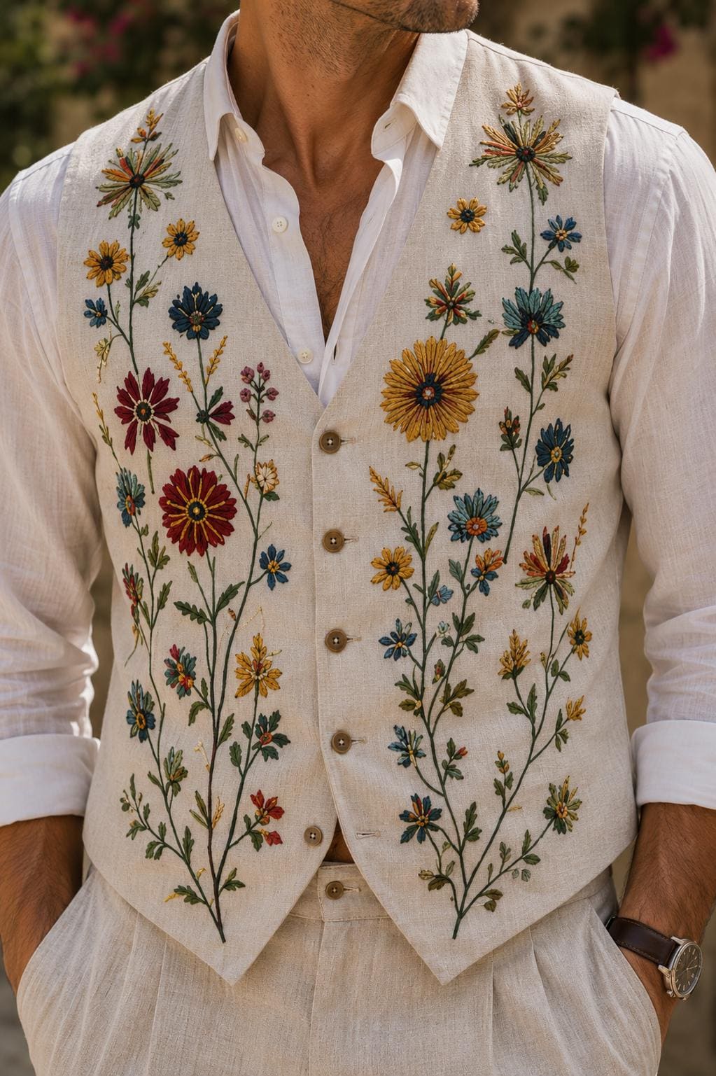 Ivory Linen Vest for Men, Colorful Wildflower Embroidered Wedding