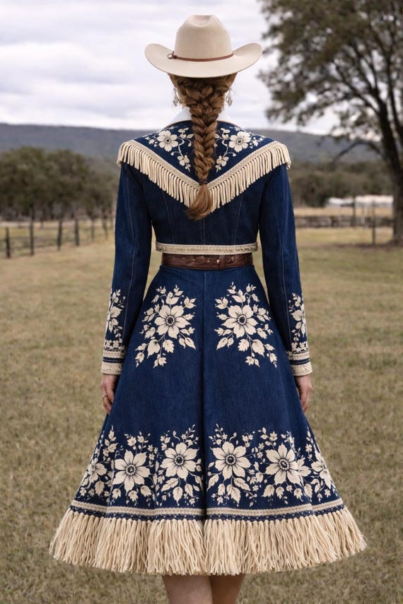 cowgirl dress styles western dresses trends fringe denim prairie 2025 Embroidered Denim Western Dress with Fringe