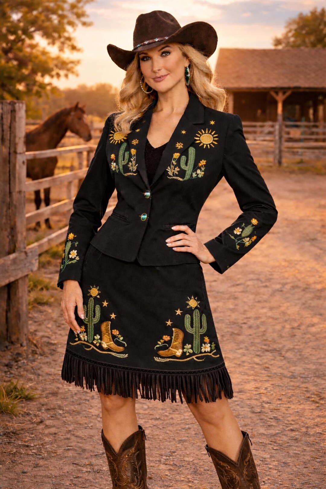Embroidered Western Skirt Suit – Cactus, Cowboy Boots, Fringe
