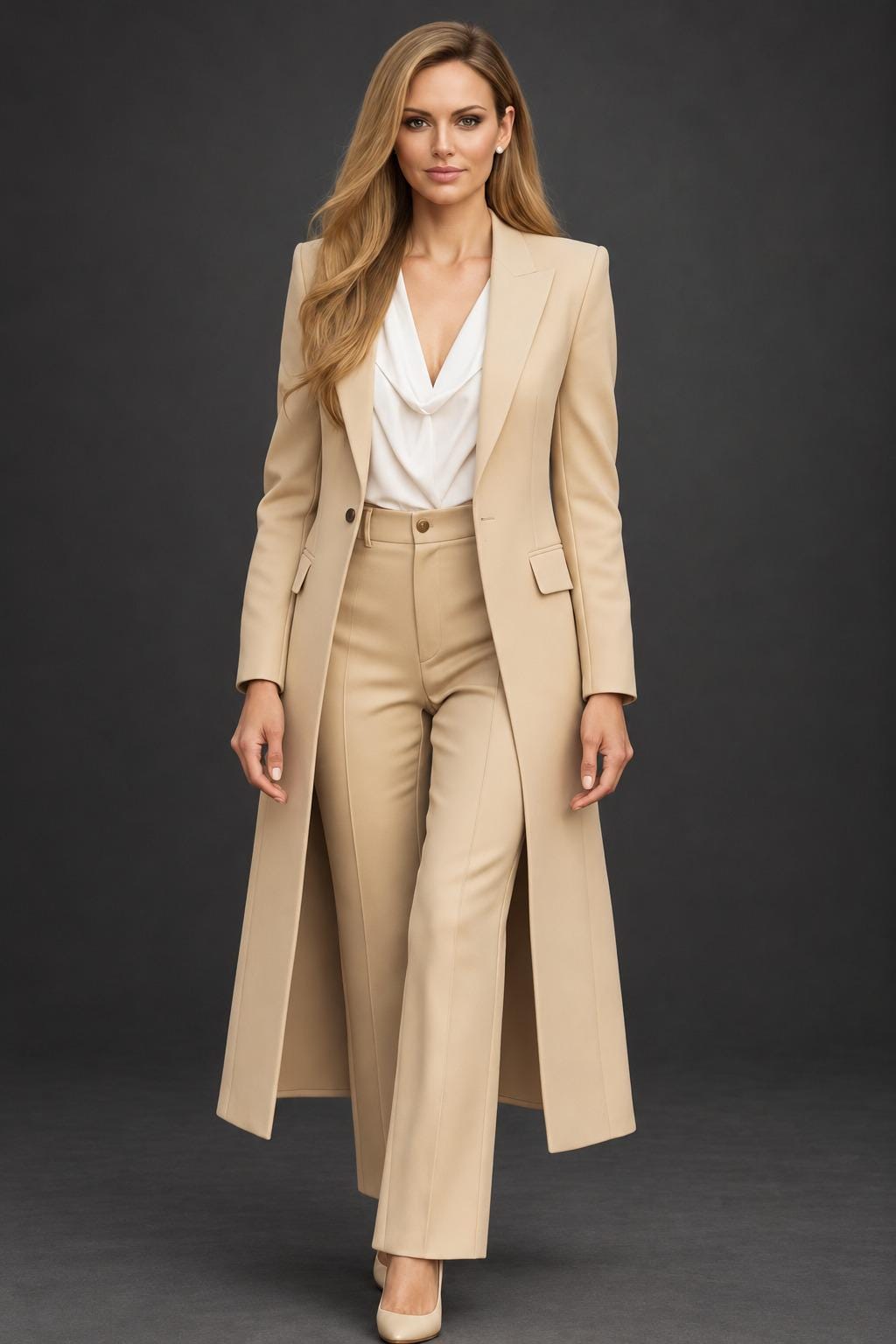 Custom Beige Women's Suit: Tailored Cotton Long Blazer & Flared Pants