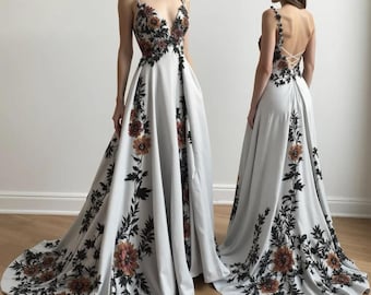 Floral Embroidery Wedding Gown, Sleeveless Crepe Backless Dress