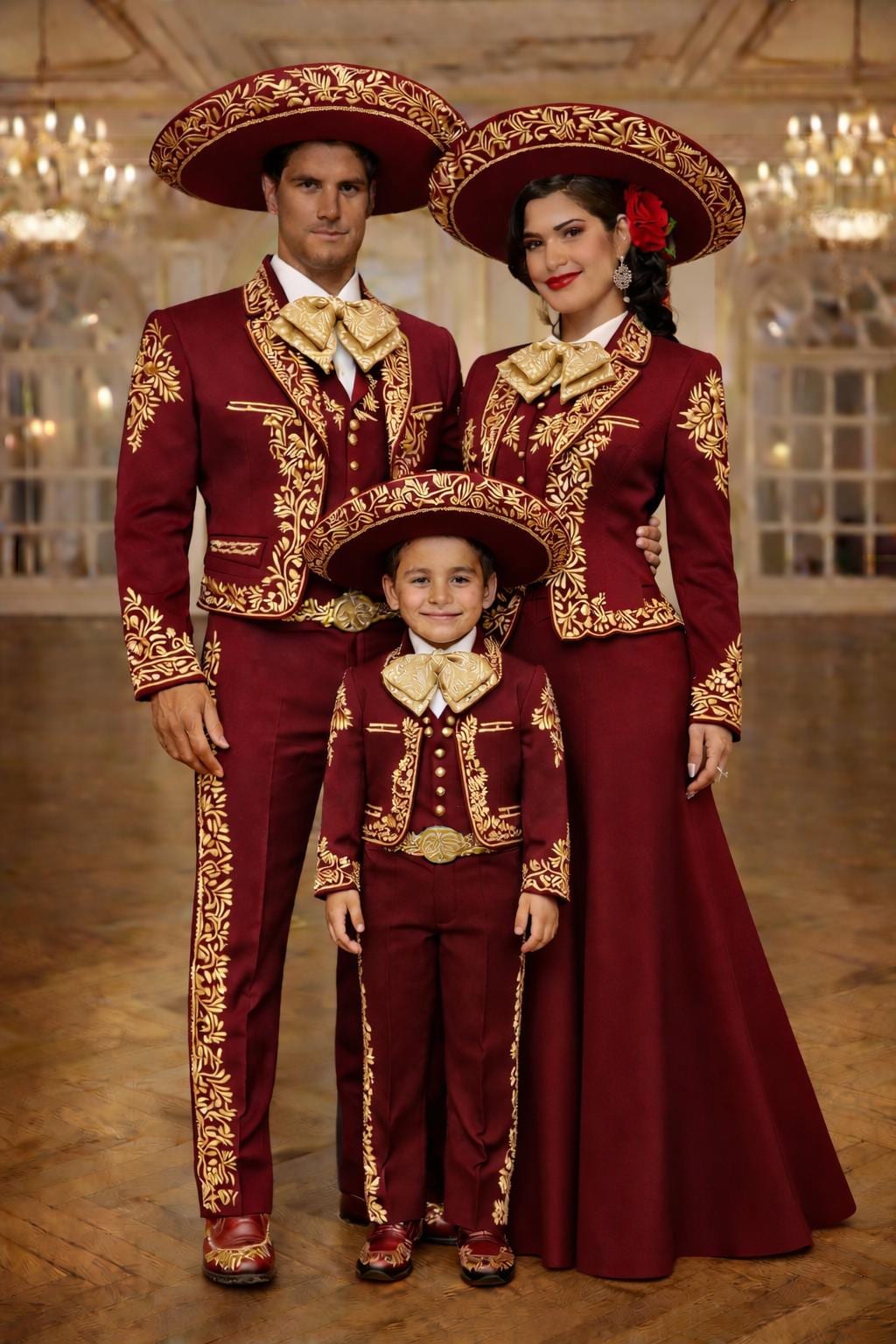Mexican Burgundy Charro Dress Matching Family Mariachi Suit Burgundy Charro  Outfit With Gold Embroidery