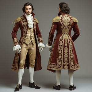 May include: A burgundy velvet coat with gold embroidery, epaulettes, and a high collar. The outfit includes a gold waistcoat, tan breeches, a ruffled white shirt, and white gloves. Black shoes complete the historical costume.